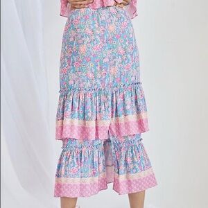 Plenty by Tracy Reese Tiered Floral Maxi Skirt in Blue and Pink